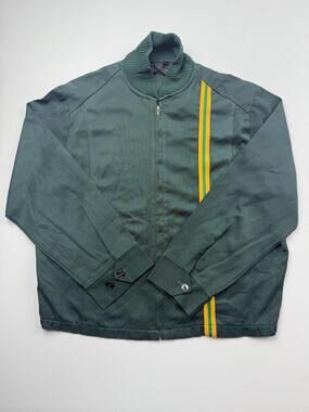 Vintage Jacket Mens Green Microfiber Bomber Full Zip Stripe Stand Collar Read